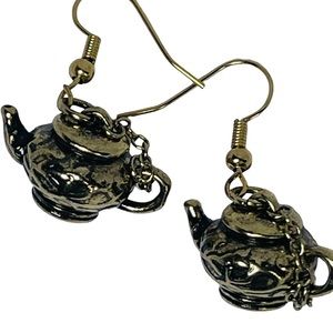 Gold metal tiny teapot dangly earrings NEW